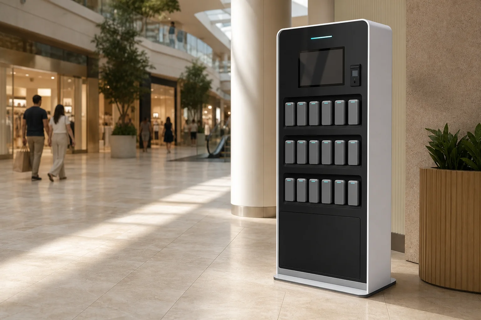 Concept placeholder of a power-bank rental station in a shopping centre